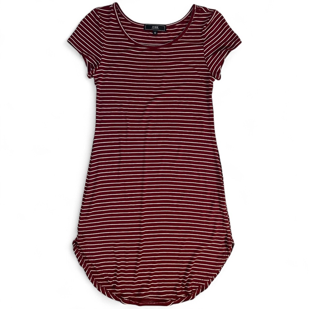 Vibe Sportswear Burgundy Striped T-Shirt Dress Small Side Slits Hi-Low Hem